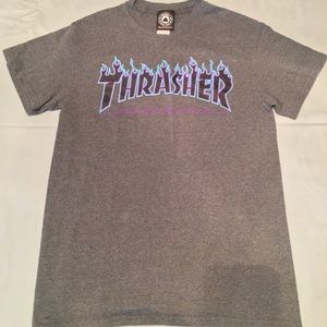 grey thrasher shirt with blue and purple flames